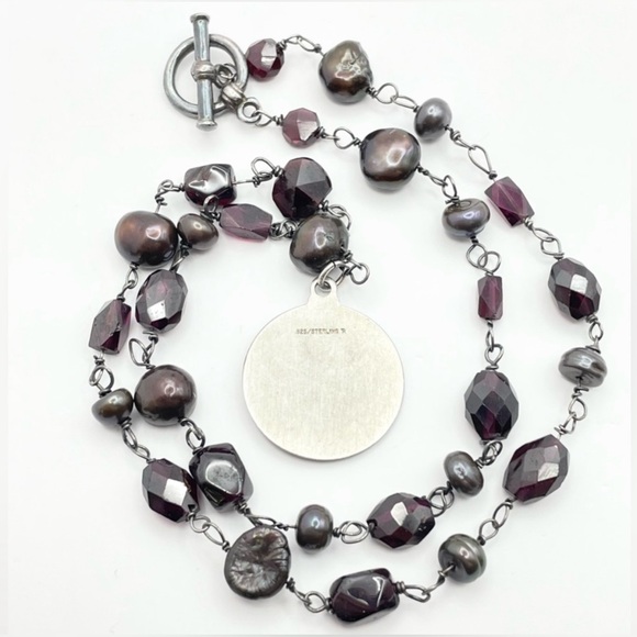 Pure Garnet & Black Pearl 925 Sterling Silver St.Christopher Pendant Necklace - Picture 8 of 9